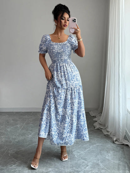 Smocked Printed Short Sleeve Dress