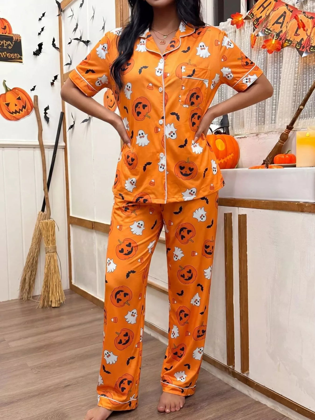 Halloween Pumpkin Print Button-Down Top and Pants Set