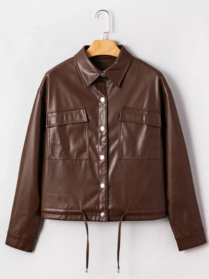 Double Flap Pocket Drawstring Hem Leather Jacket