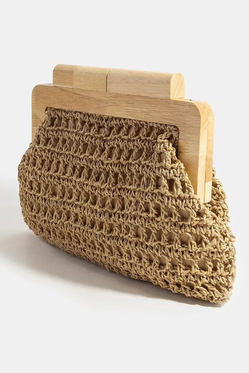 Wooden frame straw clutch, view 2