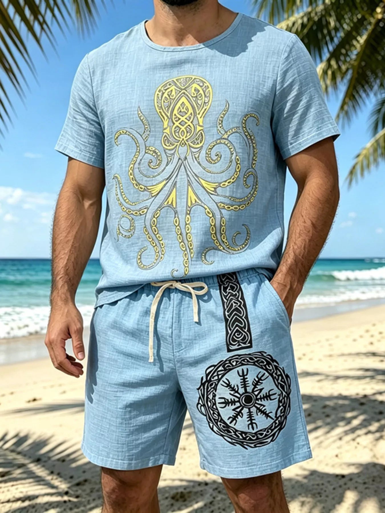 Men's Full Size Round Neck Tee and Shorts Set Plus Size