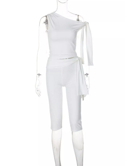 Tied One Shoulder Top and Capris Set