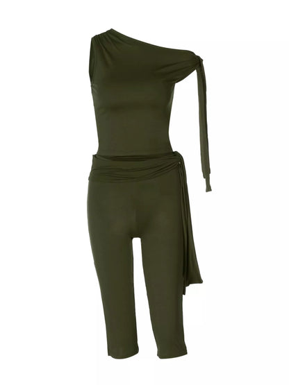 One-Shoulder Tie-Knot Top and Capris Set