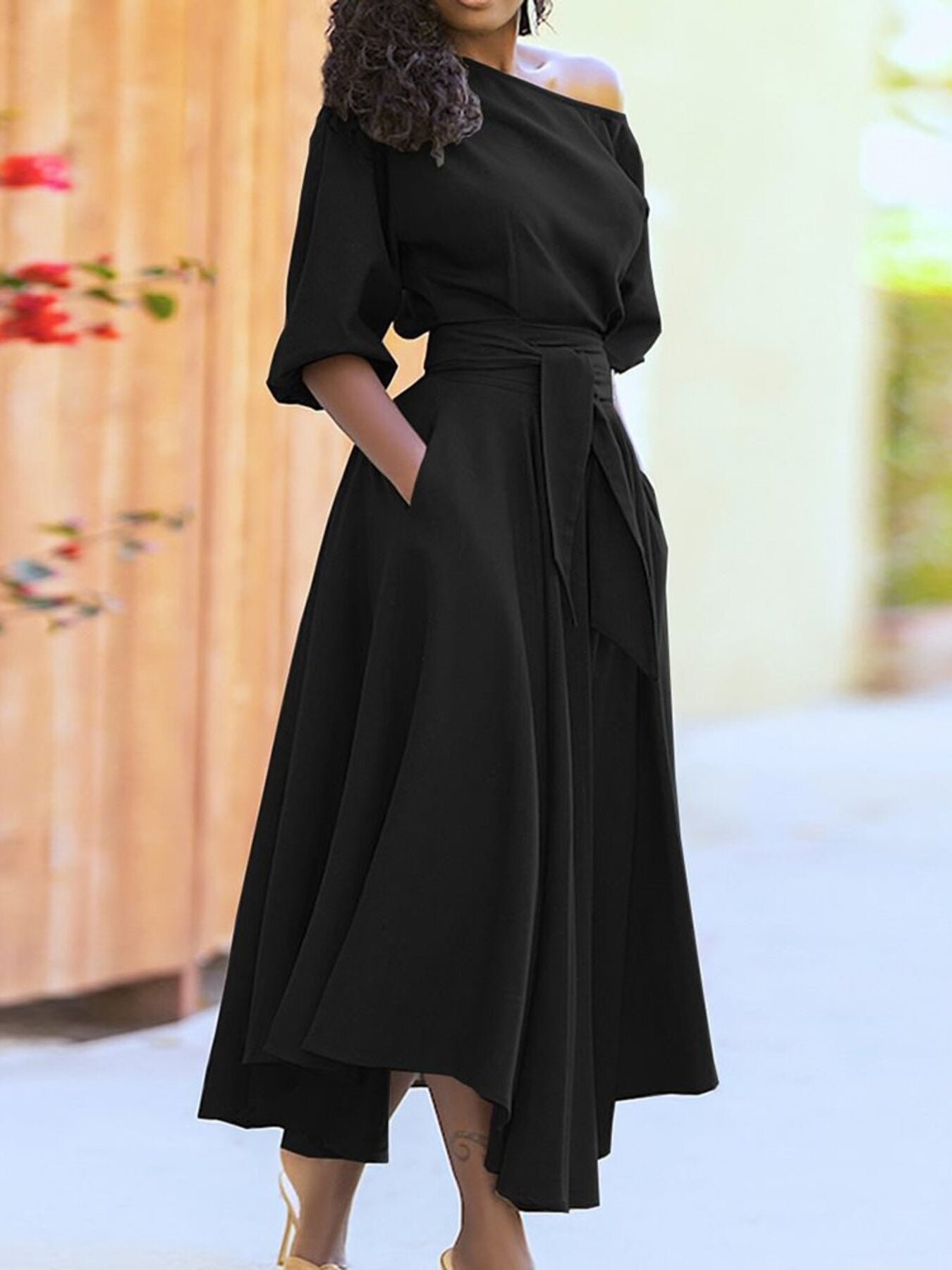 Boat Neck Tie Waist Midi Dress