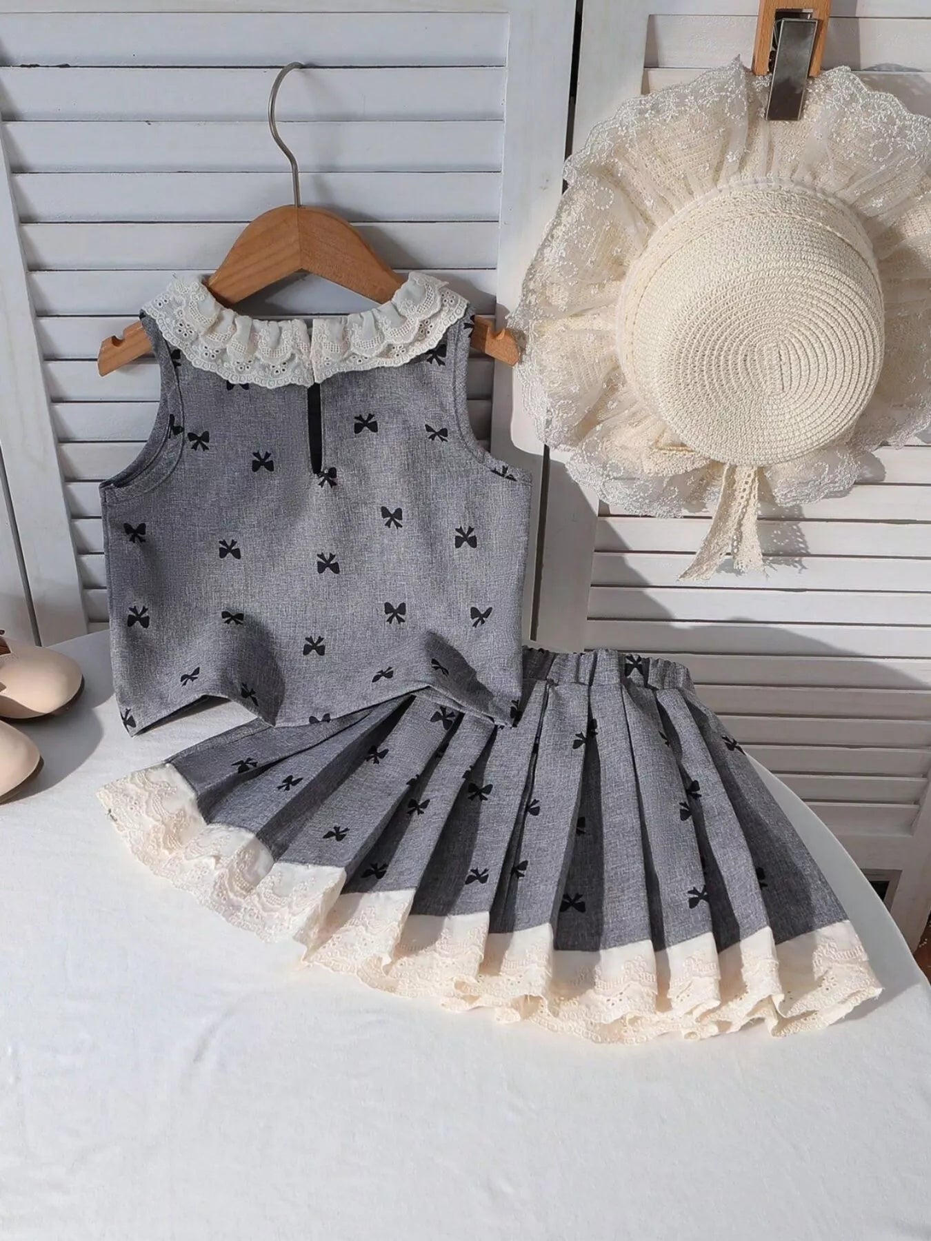 Children's Bow Print Lace Trimmed Top and Skirt Set