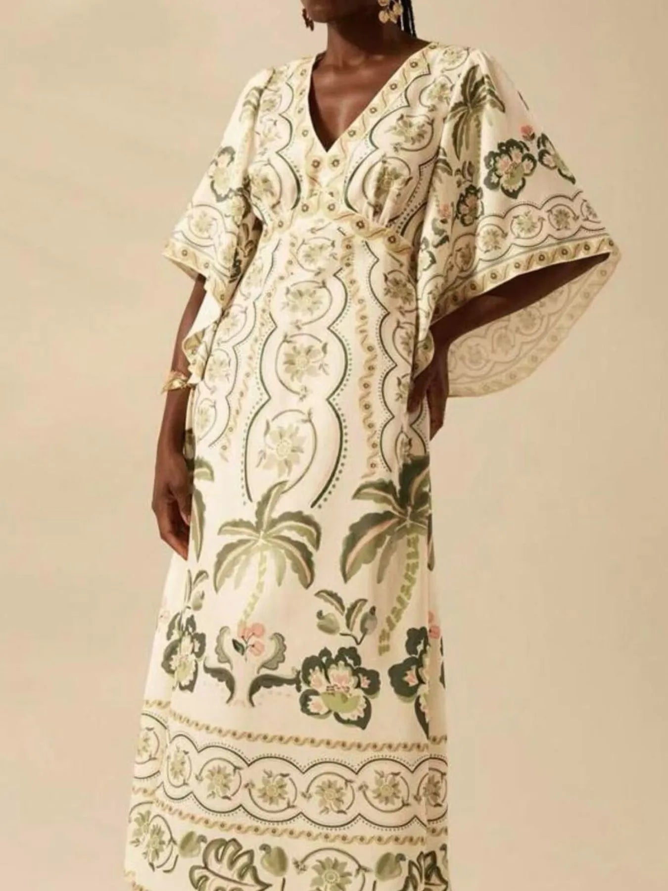Palm Print V-Neck Midi Dress
