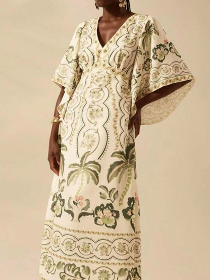 Palm Print V-Neck Midi Dress