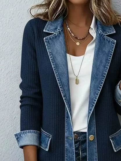 Full Size Denim Trim Ribbed Knit Jacket Plus Size