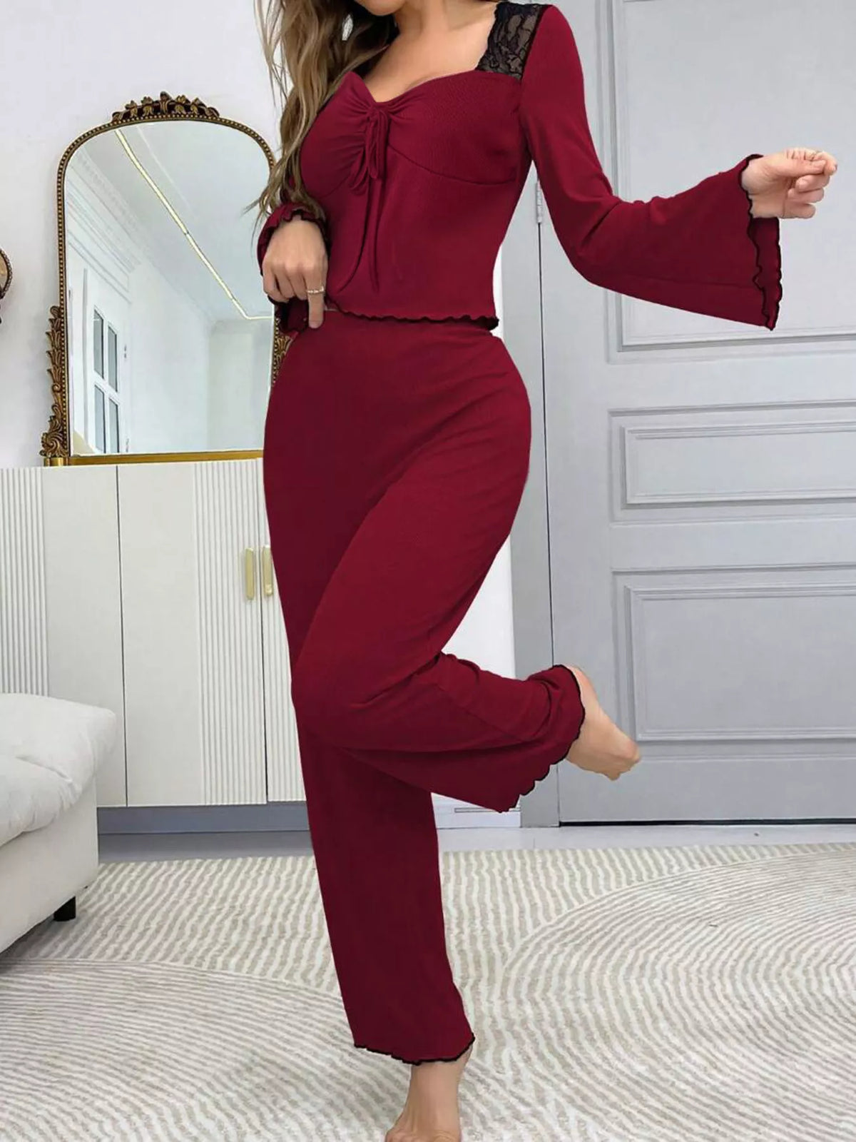 Lace Detail Flare Sleeves Top & Pants Lounge Set