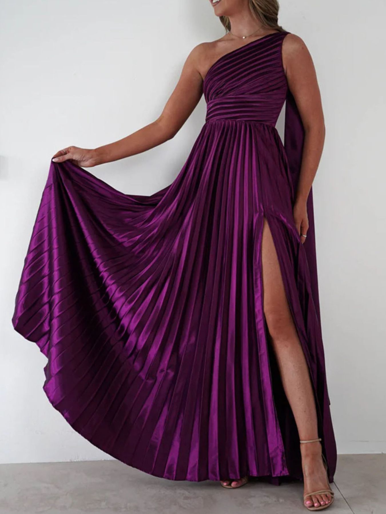 One-Shoulder Pleated Slit Dress