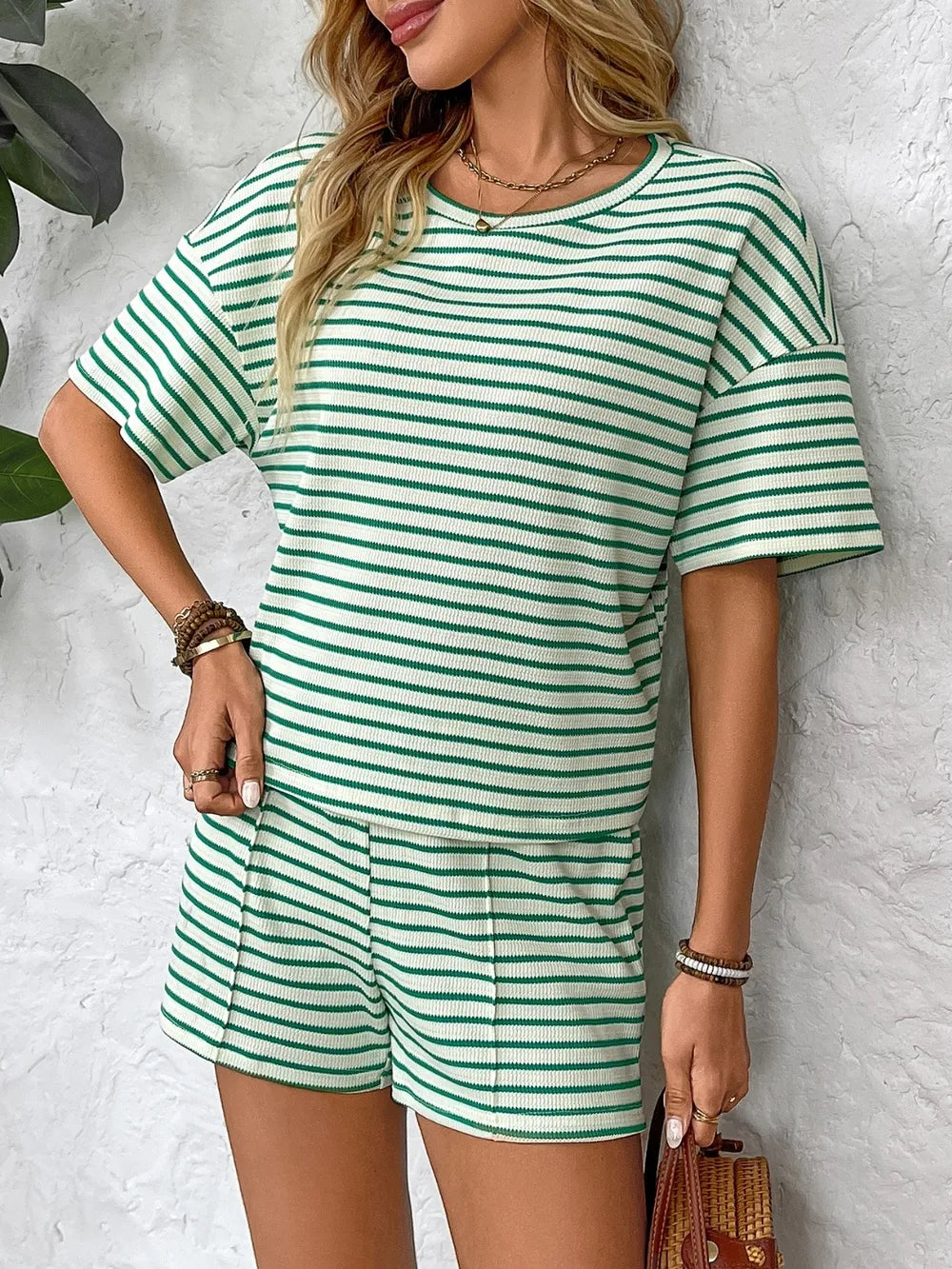 Striped Short Sleeve Shorts Set