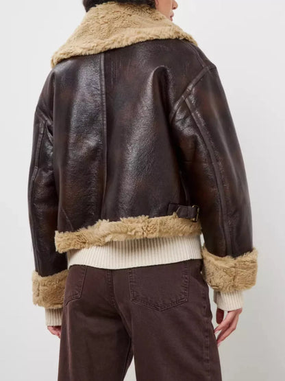 Plush-lined faux leather aviator jacket, view 5