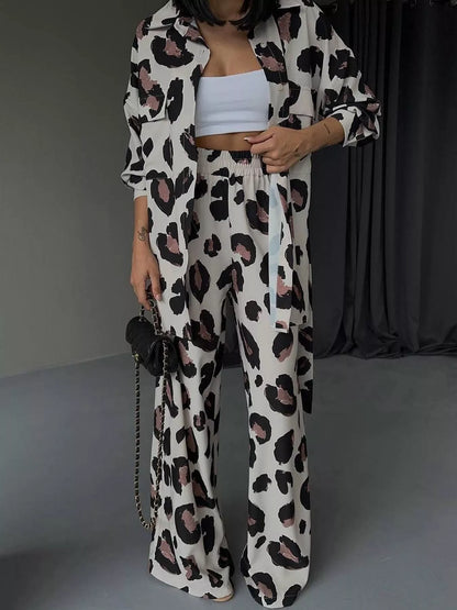 Leopard Print Relaxed Fit Shirt and Pants Two-Piece Set