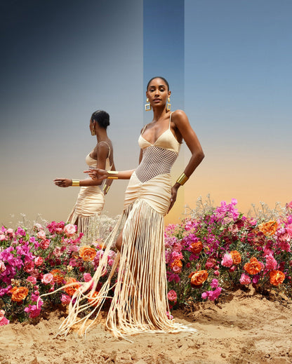 Mesh Pleated Hip Hugging Fringe Dress