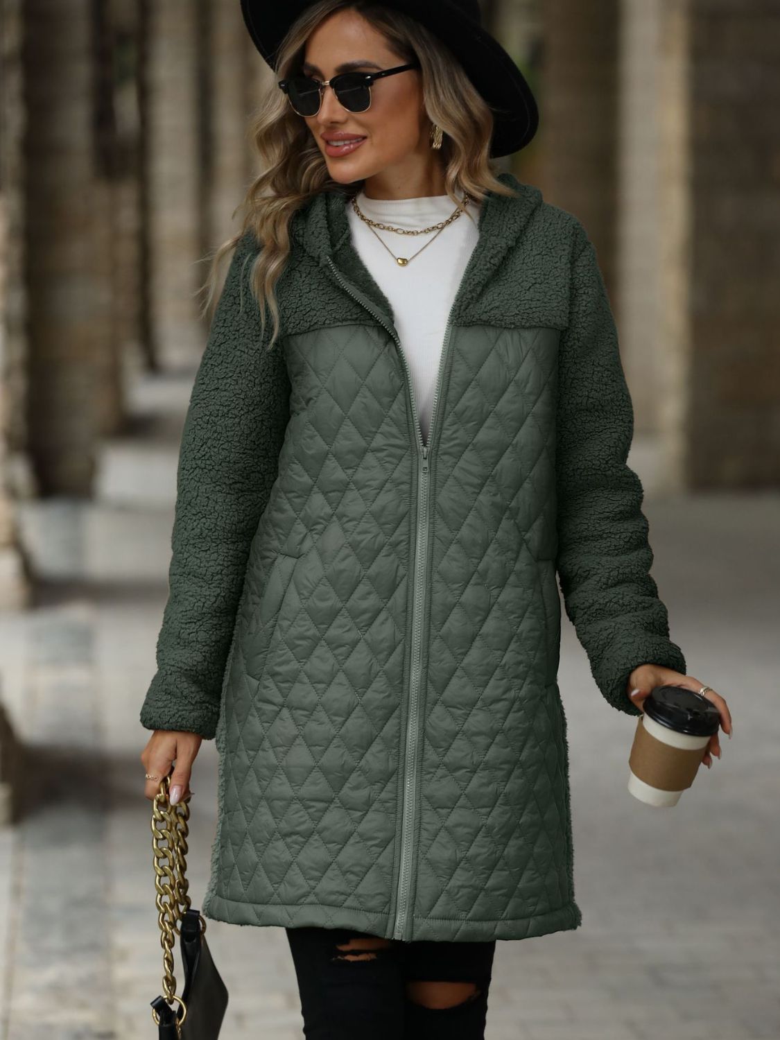 Textured Long Sleeve Hooded Coat