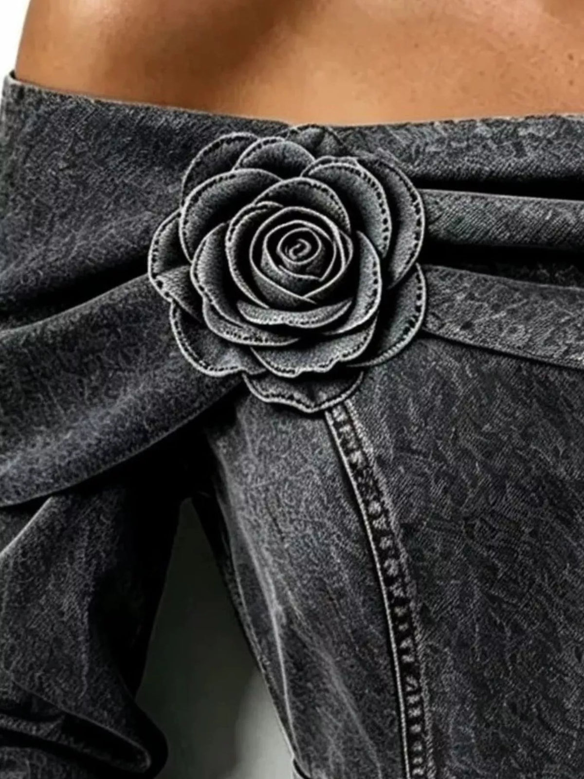Plus Size Off-Shoulder Floral Denim Look Top