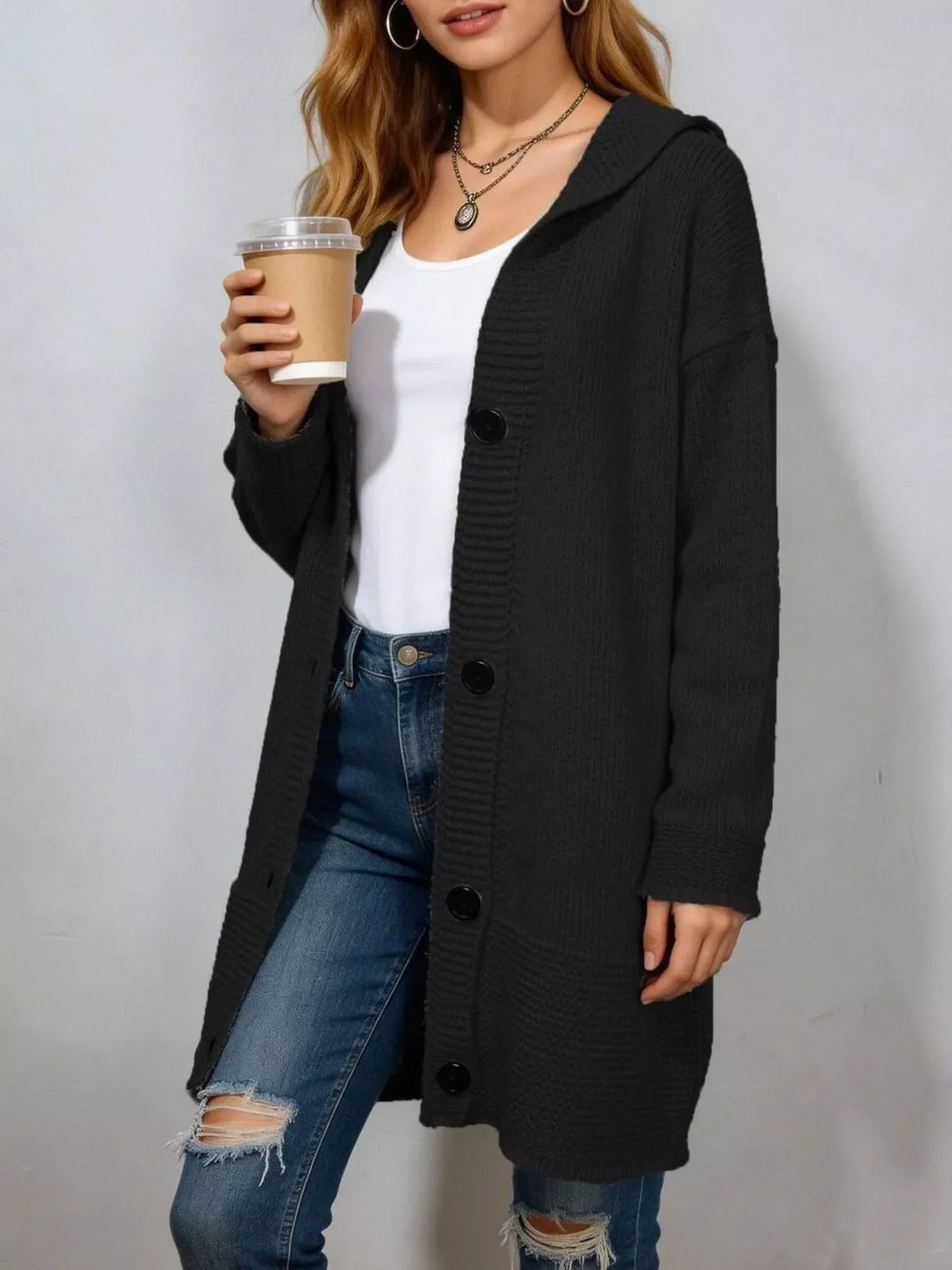 Full Size Casual Hooded Button-Down Knit Cardigan Plus Size