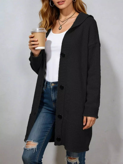 Full Size Casual Hooded Button-Down Knit Cardigan Plus Size