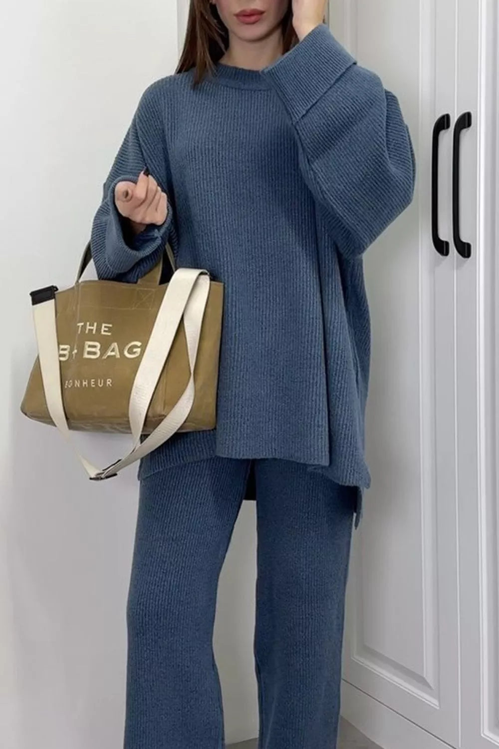 Dropped Shoulder Knit Sweater and Wide Leg Pants Set
