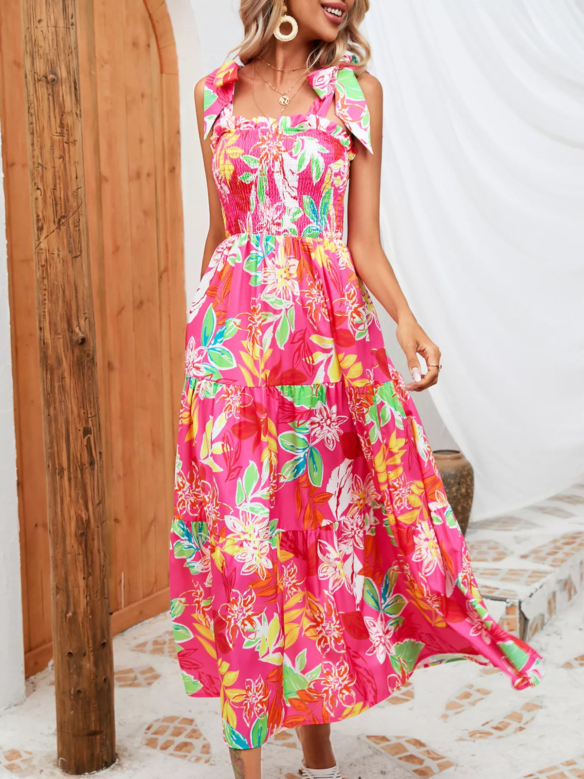 Tropical smocked sundress in Strawberry