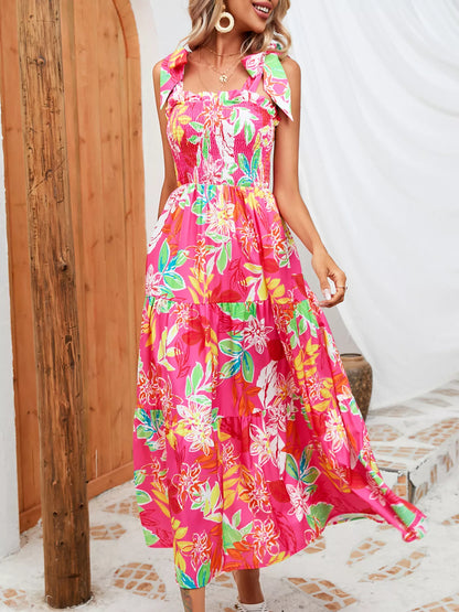 Tropical Print Smocked Tie-Strap Dress