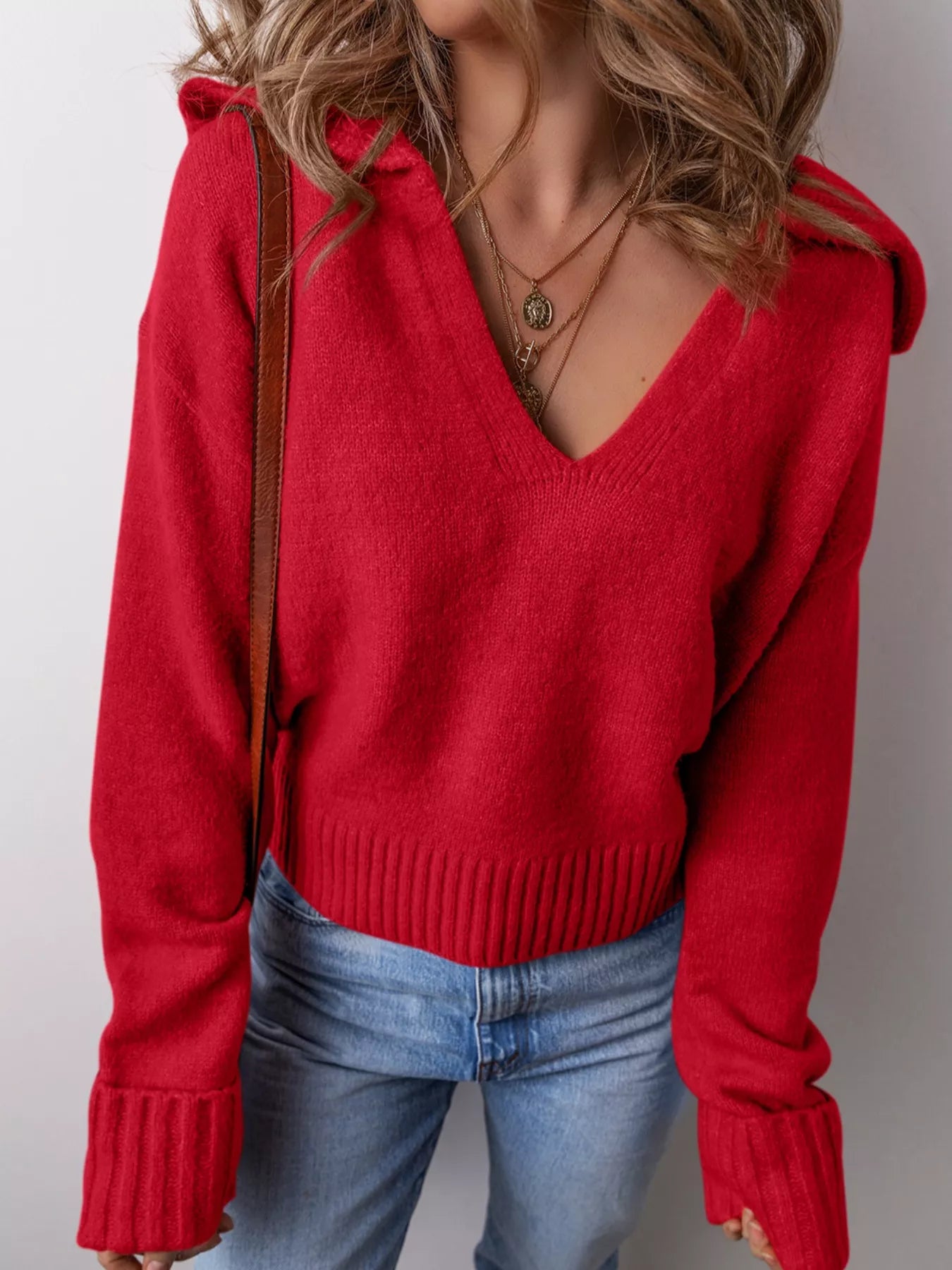 Collared V Neck Ribbed Edge Sweater