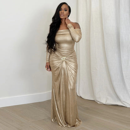 One shoulder long sleeved glossy dress