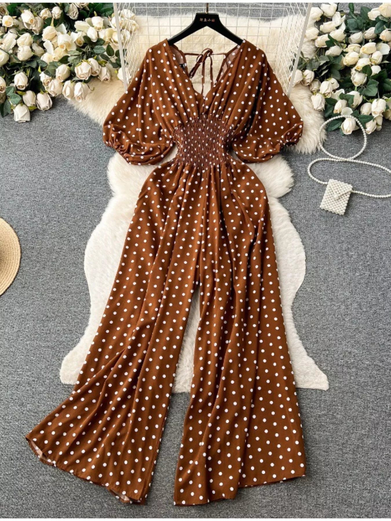 Smocked V-Neck Wide Leg Jumpsuit
