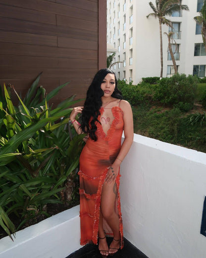 Sling Hollow Pleated Lace Slit Dress