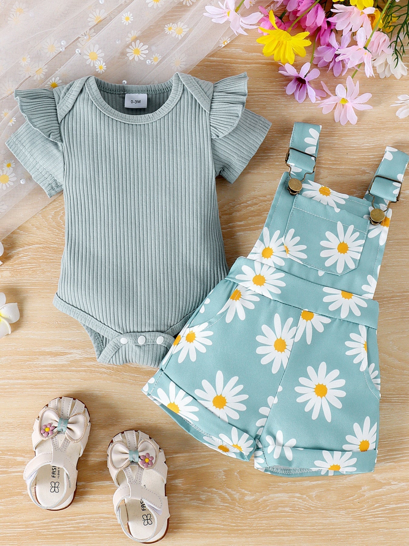 Children's Ruffle Trim Ribbed Top and Daisy Overalls Set