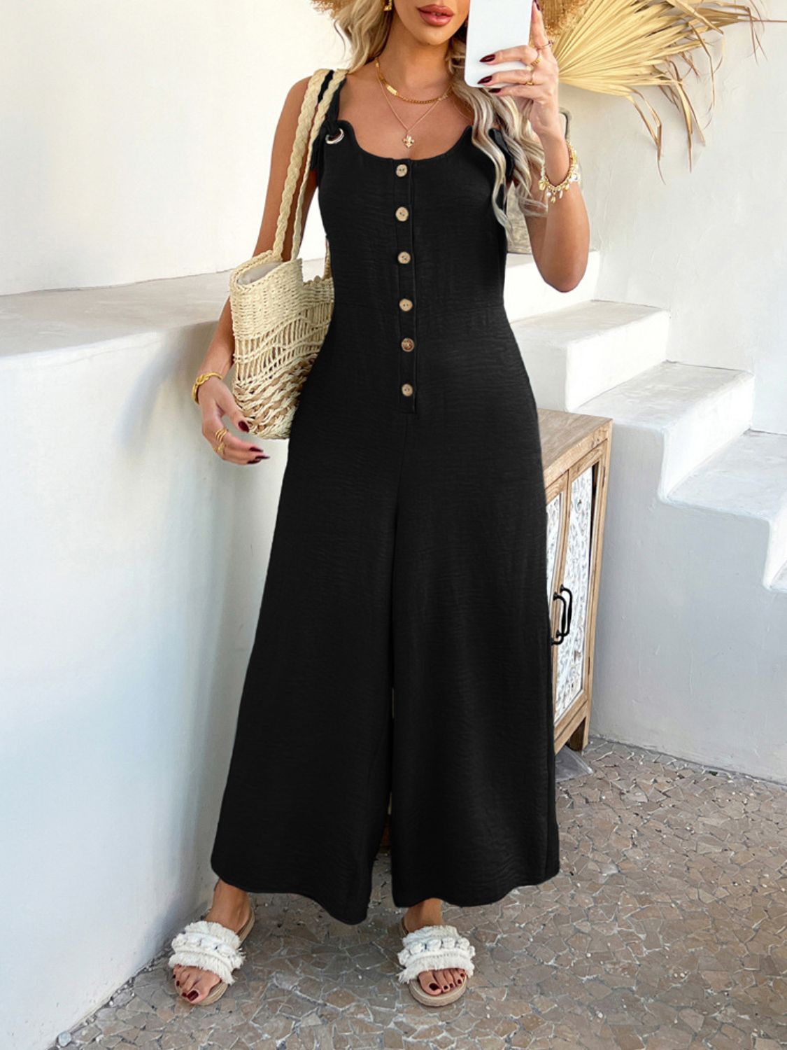 Button Front Wide Leg Jumpsuit