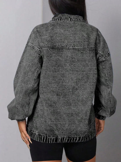 Elastic Hem Quarter Zip Denim Top