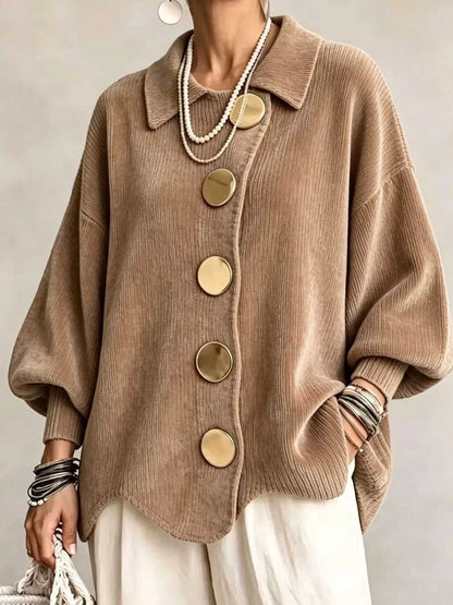 Plus Size Ribbed Knit Cardigan with Gold Buttons & Pockets