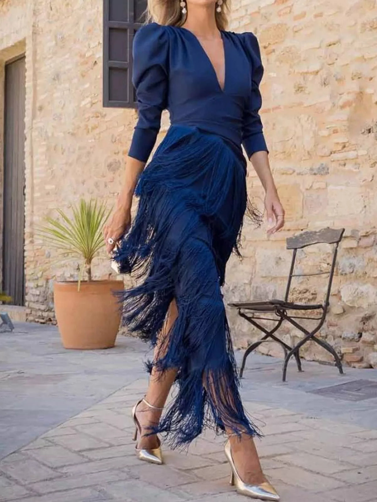 Fringed V-neck puff sleeve dress, view 7