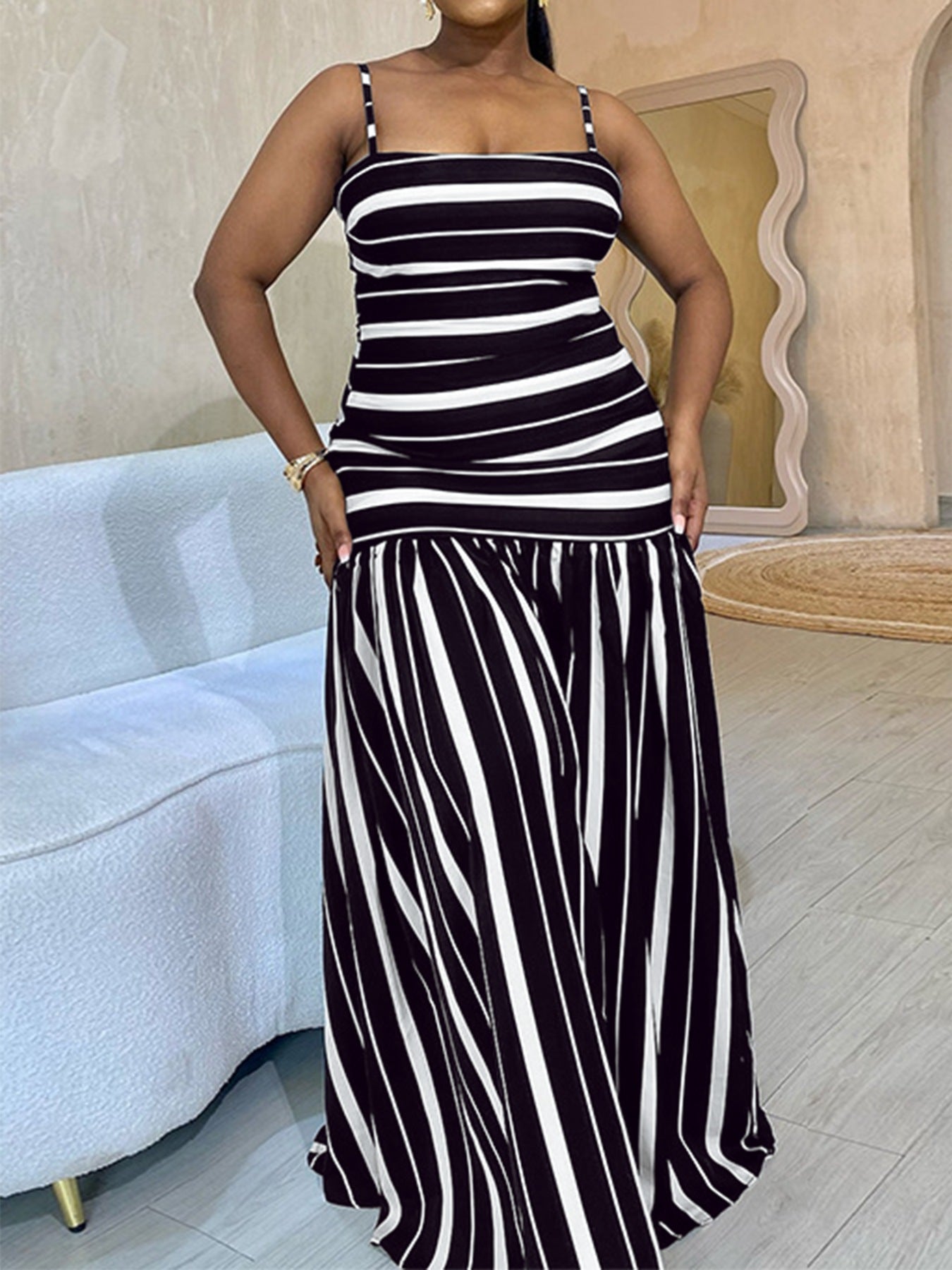Plus Size Striped Spaghetti Strap Maxi Dress