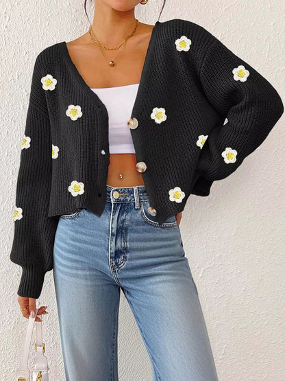 Floral V-Neck Button-Down Cropped Cardigan