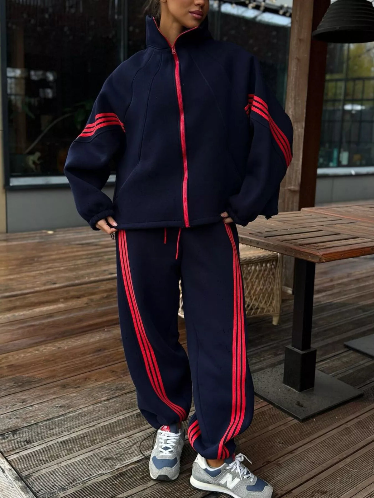 Contrast Striped Zip Up Top and Pants Set