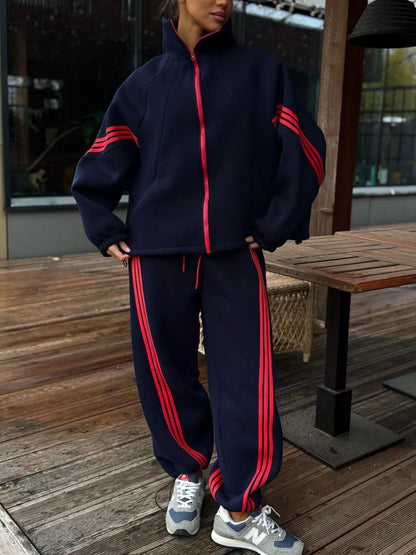 Contrast Striped Zip Up Top and Pants Set