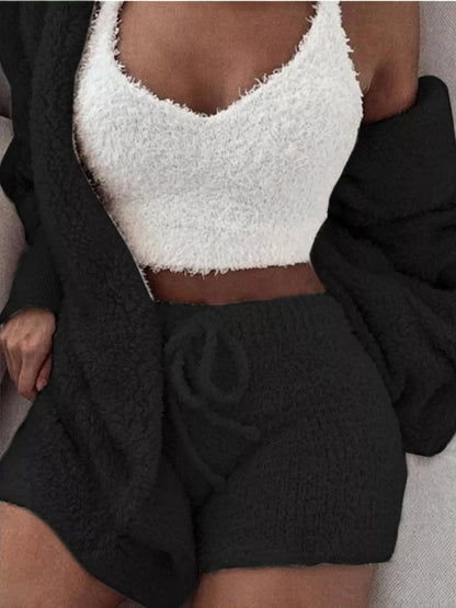 Plus Size 3-Piece Fuzzy Cardigan & Shorts Set