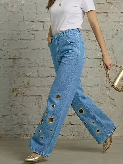 Wide Leg Jeans with Eyelet Details