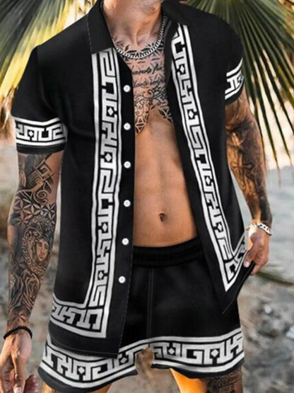 Men's Printed Button Up Top and Shorts Set