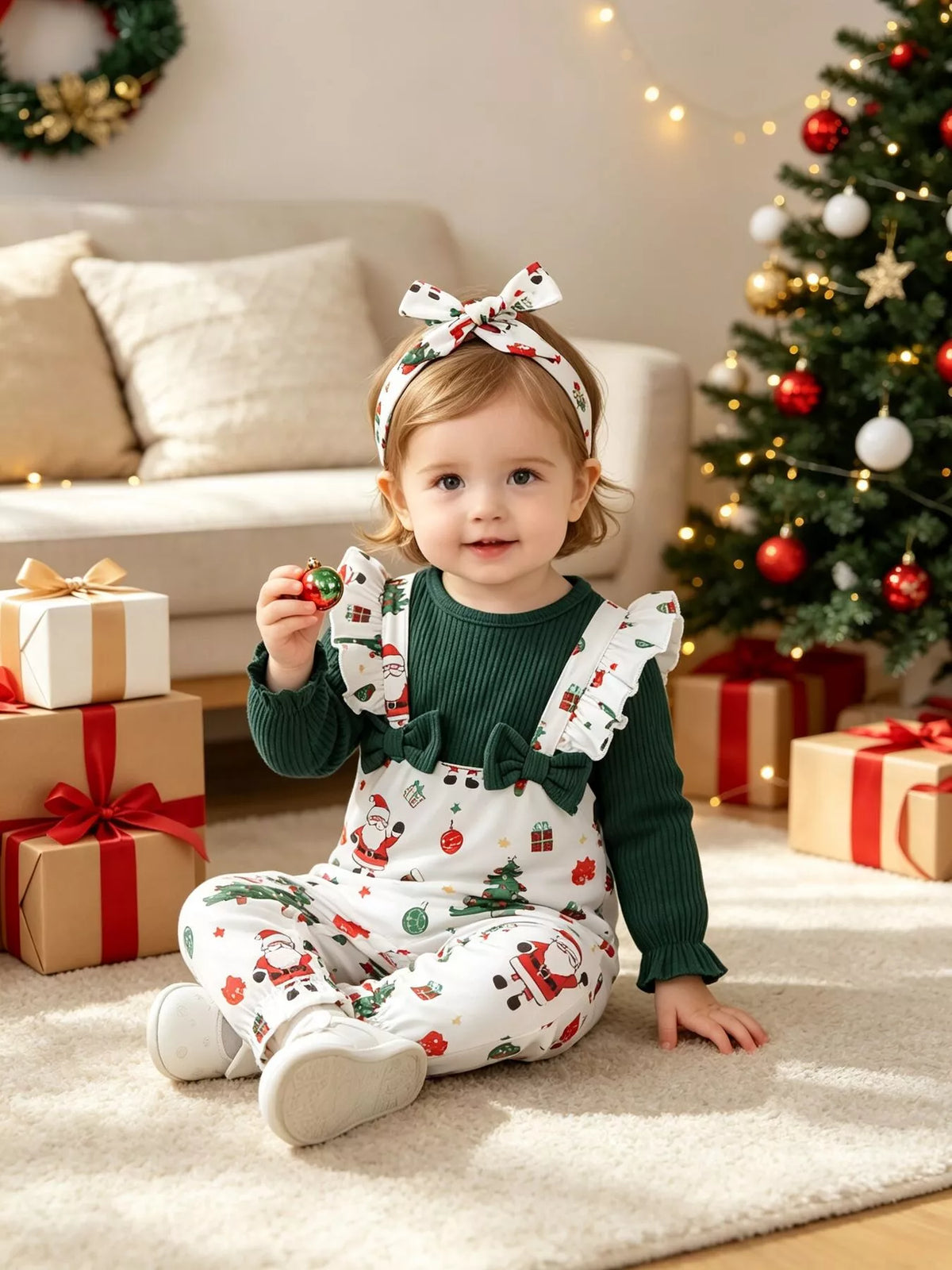 Children's Christmas Jumpsuit Set with Headband