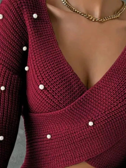 Pearl Detail Crisscross Front Sweater