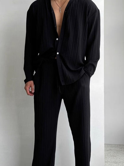 Men's Textured Button Up Shirt and Pants Set Plus Size