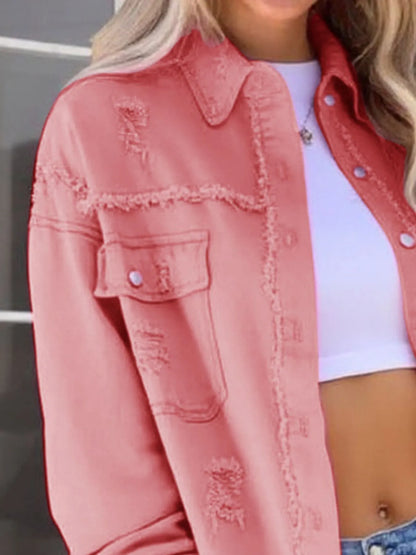 Distressed Denim Jacket with Frayed Edges