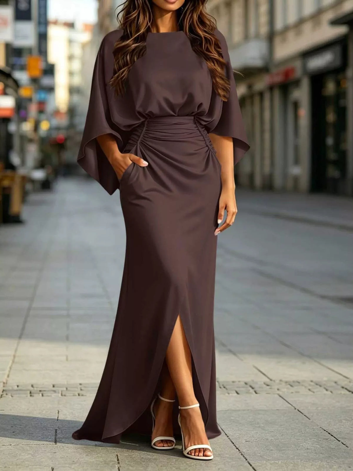 Ruched maxi dress with pockets, view 9