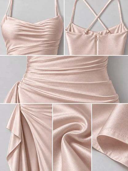 Satin ruched high-slit maxi dress, view 41