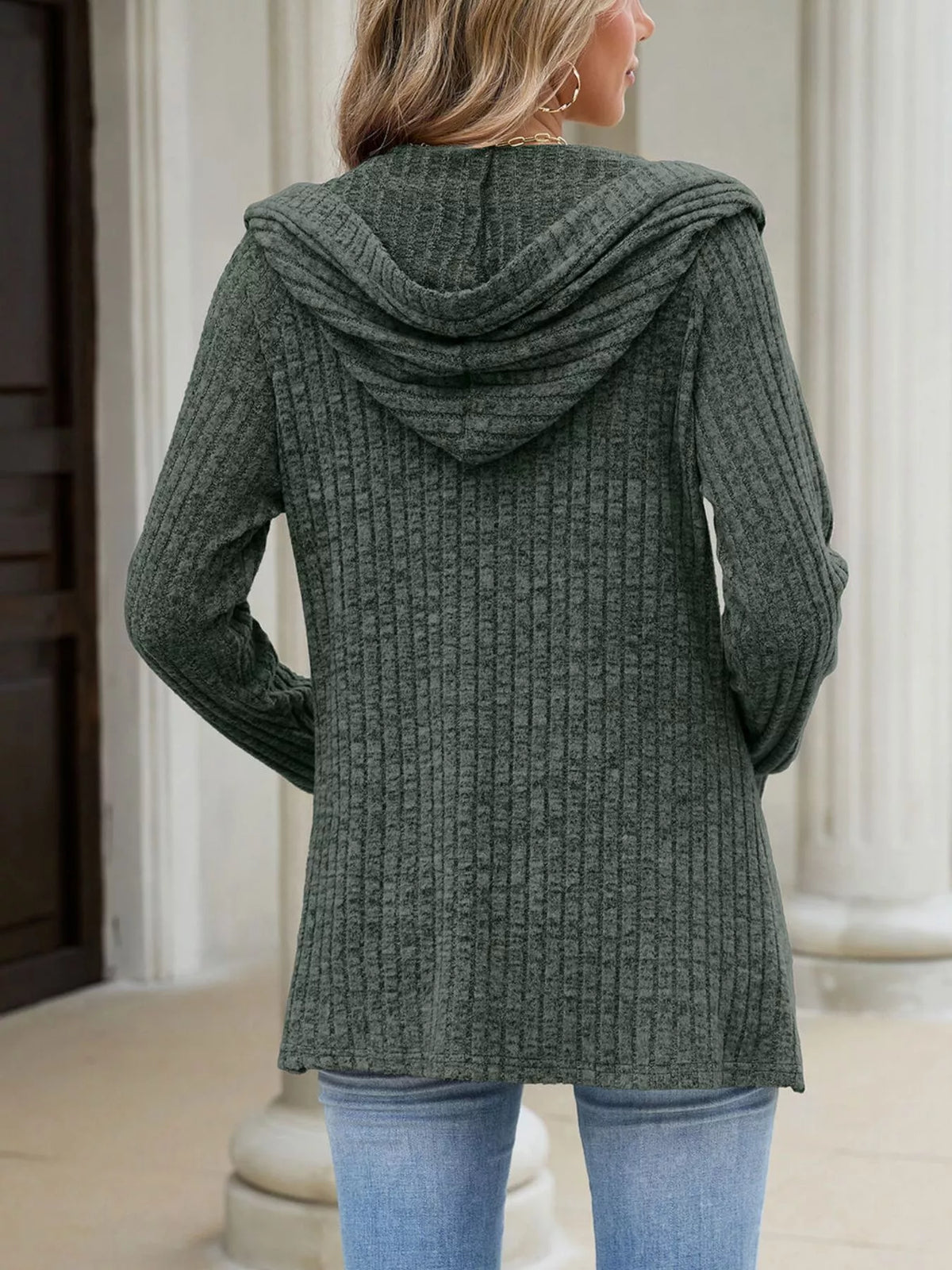Ribbed Knit Hooded Button-Down Cardigan