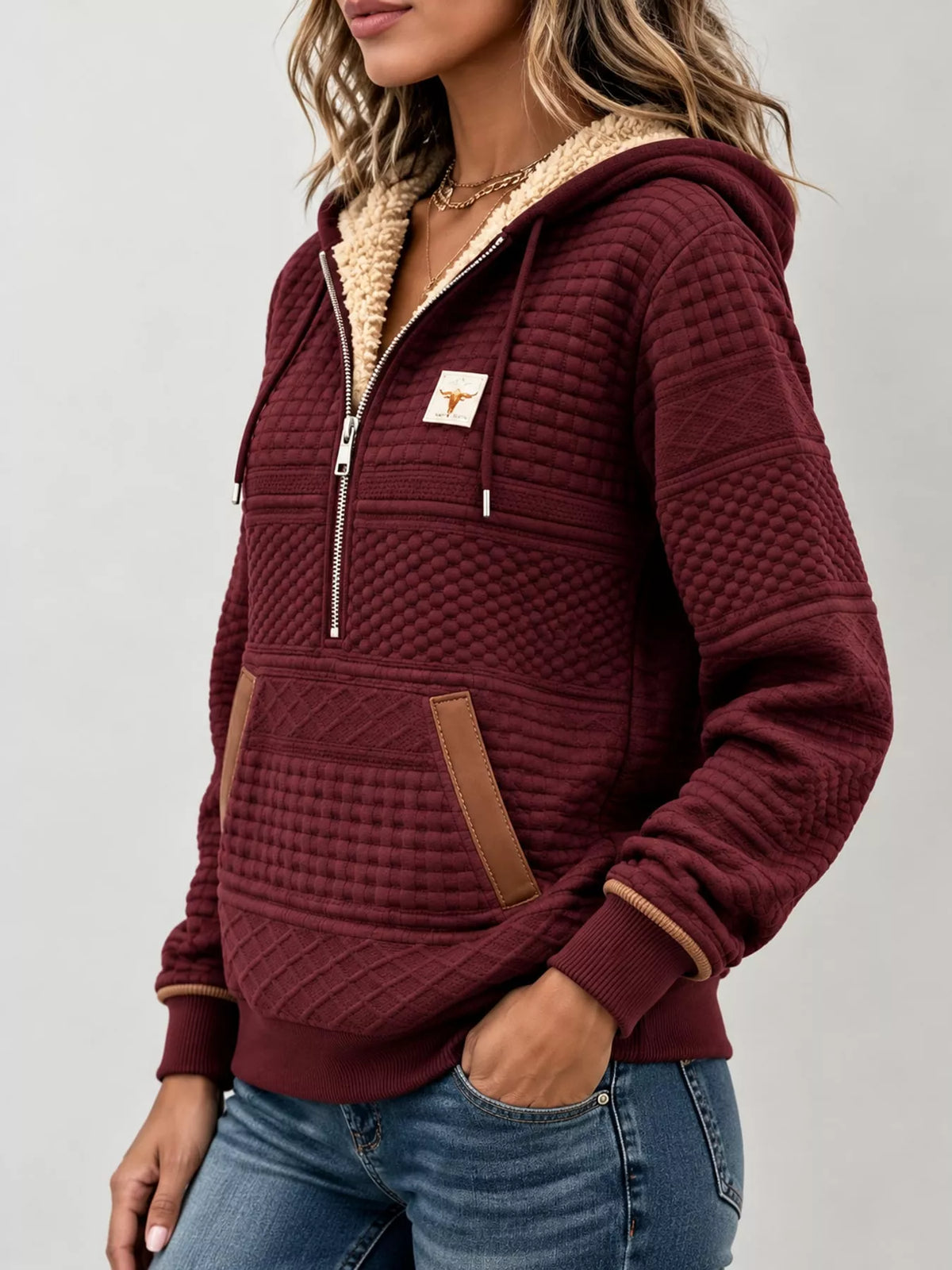 Plus size half-zip textured hoodie, view 6