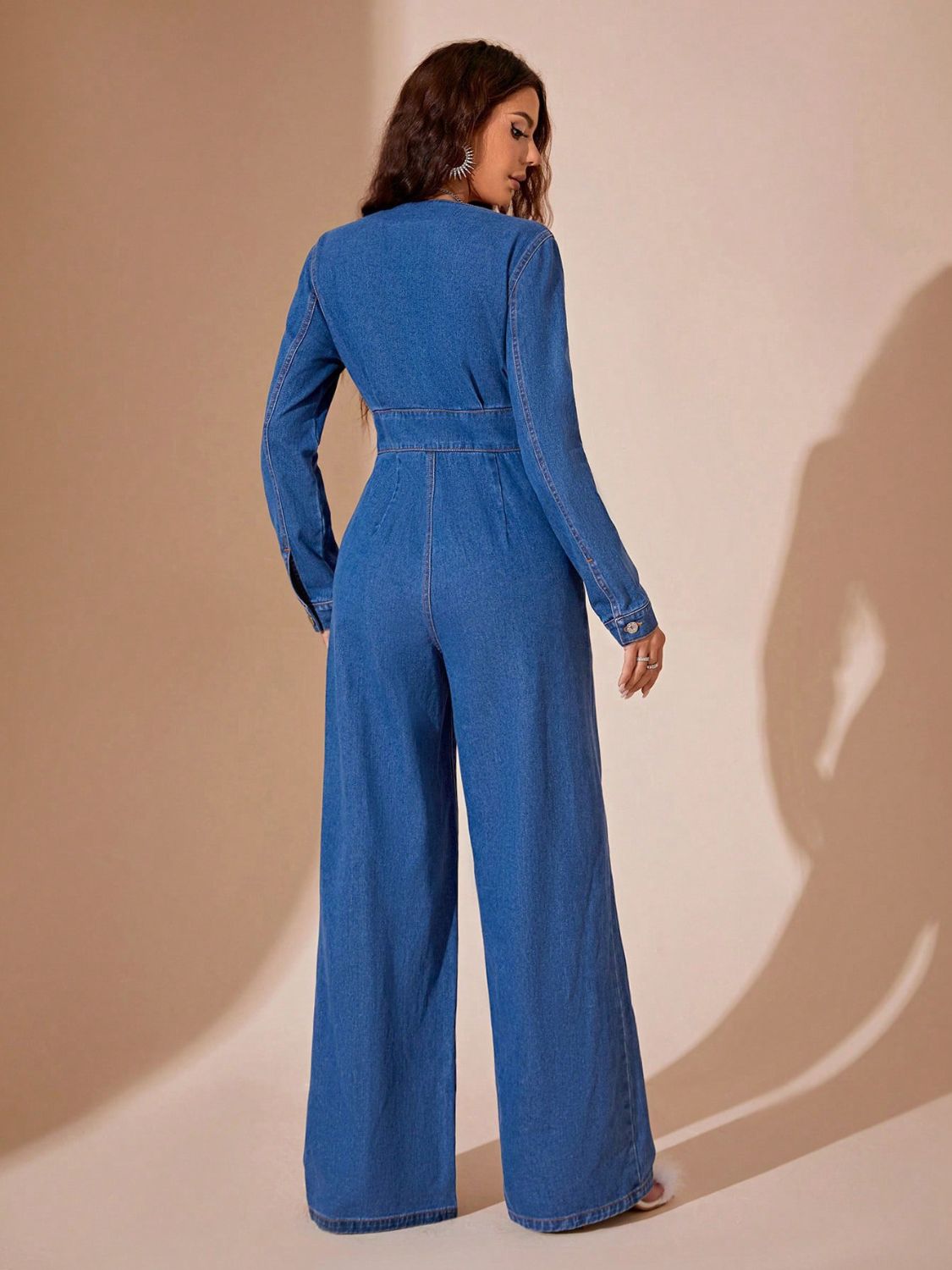 Plunge Wide Leg Denim Jumpsuit